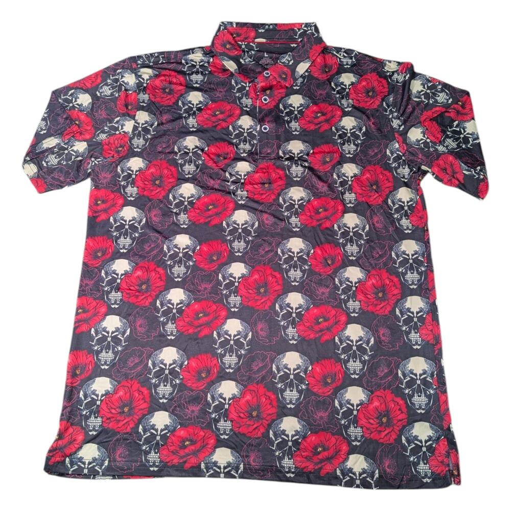 Digital Skull & Flower Print - Performance Polo - Red And Black - Size Large